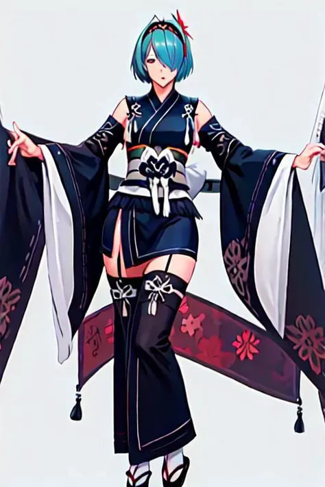 solo, 1girl, solo_focus, hair over one eye, blue eye, hairband, black kimono, detached sleeves, wide sleeves, white gloves, thighhighs, japanese clothes, [[tassels, bra peek]]