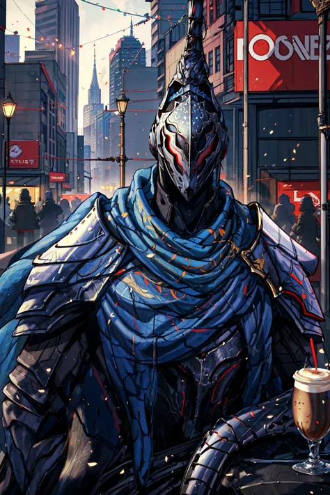 (masterpiece, best_quality, ultra-detailed, highres),  sitting at a table drinking coffe, modern city,  <lora:Artorias:0.51> helm, knight, (Artorias) , busy city street, people in background,  <lora:more_details:0.46>