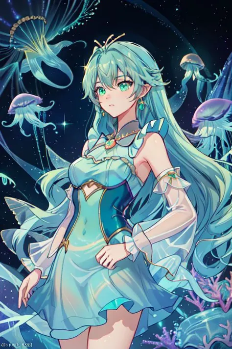 Earth-QualityPos, Best_QualityPos, CelShade,
professional (cowboy shot) of a cute young woman, (frilly elegant glossy holographic dress, crescent brooch, crescent earrings, crescent accessories),
(long aquatic hair, light blue hair with light green hairtips, gradient hair, multicolored hair), (green eyes, perfect face), (sparkles, sparkling clothes, sparkles near eyes, sparkling water),
(intricate aquatic background, underwater, sparkling water, ocean floor, bubbles), (corral reef, starfish, jellyfish, seaweed),