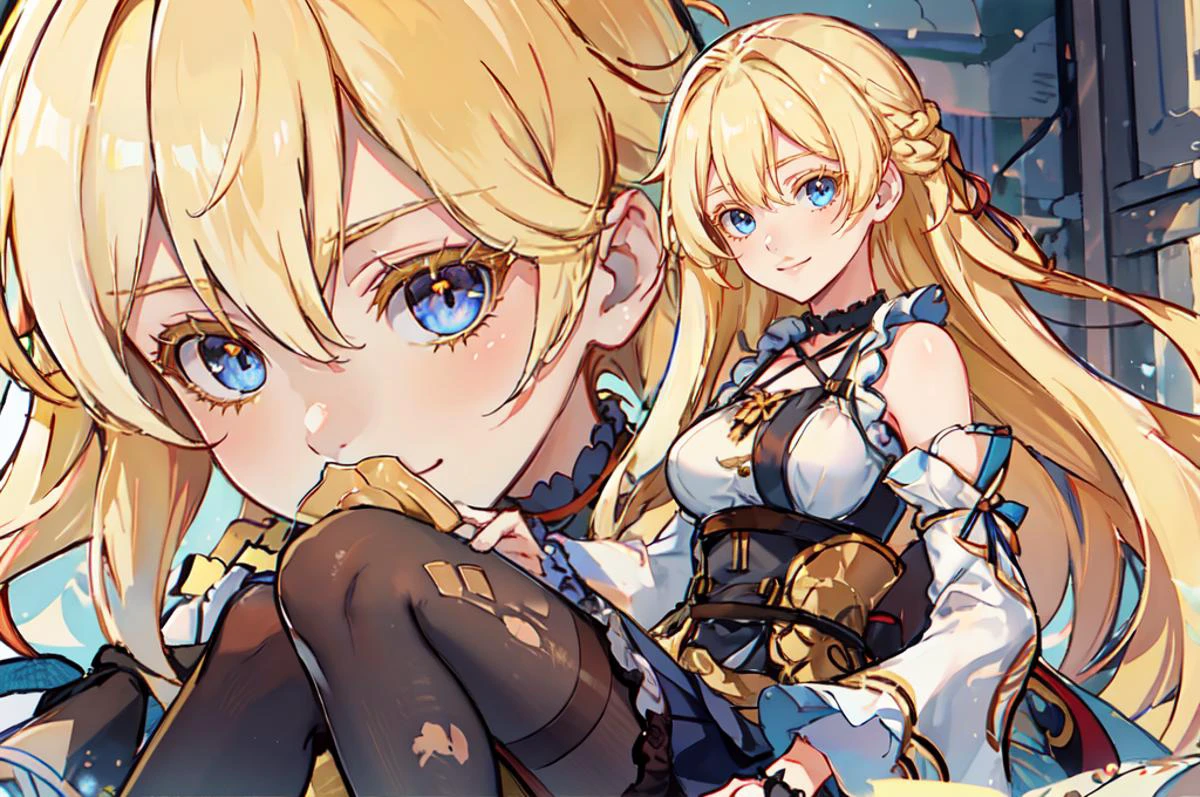 ultra detailed, masterpiece, best quality,
soft smile, light smile, face focus, portrait,
1girl, blue eyes, very long hair, blonde hair, long blonde hair, french braid, bangs, medium breasts,
hair ribbon, frilled choker, criss-cross halter, sleeveless dress, high-waist skirt, backless dress, waist bow, detached sleeves, frilled sleeves, wide sleeves, pantyhose, patterned legwear, mary janes, <lora:colored_eyelashes000:1> COLORED EYELASHES, yellow eyelashes,