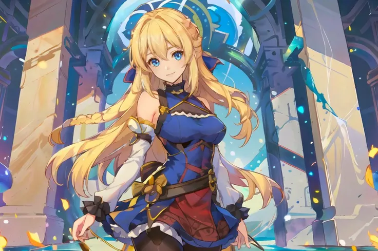 ultra detailed, masterpiece, best quality, <lora:SuperSmashBrosUltimate:0.75> SmashBros Ultimate Style,
solo, cowboy shot, facing viewer, blue theme, marble \(stone\),
soft smile, light smile, arched back, head tilt, leaning to the side, wrists extended, arms behind back,
1girl, blue eyes, very long hair, blonde hair, long blonde hair, french braid, bangs, medium breasts,
hair ribbon, frilled choker, criss-cross halter, sleeveless dress, high-waist skirt, backless dress, waist bow, detached sleeves, frilled sleeves, wide sleeves, pantyhose, patterned legwear, mary janes,