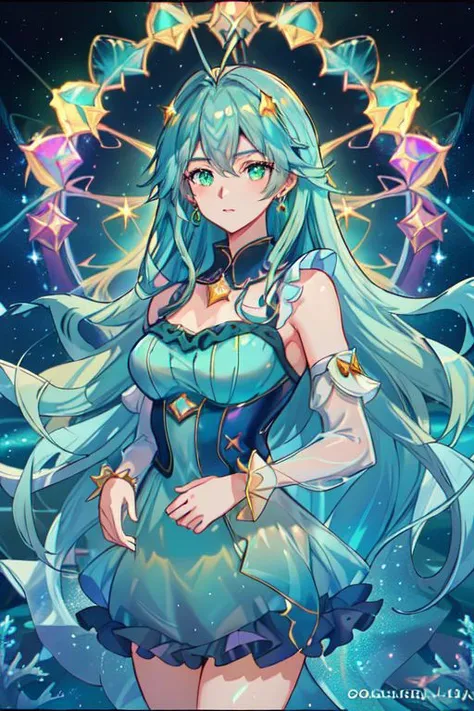 Earth-QualityPos, Best_QualityPos, CelShade,
professional (cowboy shot) of a cute young woman, (frilly elegant glossy holographic dress, crescent brooch, crescent earrings, crescent accessories),
(long aquatic hair, light blue hair with light green hairtips, gradient hair, multicolored hair), (green eyes, perfect face), (sparkles, sparkling clothes, sparkles near eyes, sparkling water),
(intricate aquatic background, underwater, sparkling water, ocean floor, bubbles), (corral reef, starfish, jellyfish, seaweed),
(absurdres, incredibly absurdres, huge filesize, High quality texture, physically-based rendering, Ray tracing, octane render, sharp focus, (8k), (4k), (Masterpiece), (Best Quality), extremely detailed, intricate, hyper detailed, high resolution, sharp detail)