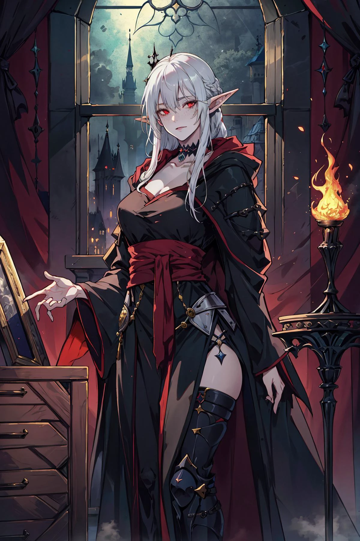 ((medieval fantasy)), dark castle room background, ((night)), banners, gothic window, furniture, curtains, 1girl, solo, (((medieval fantasy))), ((mature)) dark elves (elf) queen standing in her castle casting a fireball, (white hairs), straight hair, (pale ashen skin), red eyes, freckles, lot of details, perfect hands, high quality, detailed, refined, extremely detailed background, ((masterpiece)), (((realism))), only one character, smug, looking at viewver, black chocker, dark crown, ((black magician robes), cloak, bad-girl, <lora:badgirl-v15fix-lora-wdvae-6ep-resize:0.6>, <lora:tenchizone2:0.3>, <lora:GothicPunkAI:0.5>