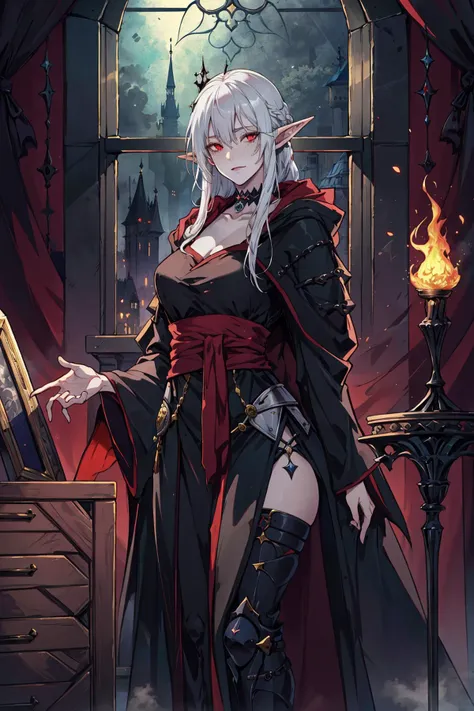 ((medieval fantasy)), dark castle room background, ((night)), banners, gothic window, furniture, curtains, 1girl, solo, (((medieval fantasy))), ((mature)) dark elves (elf) queen standing in her castle casting a fireball, (white hairs), straight hair, (pale ashen skin), red eyes, freckles, lot of details, perfect hands, high quality, detailed, refined, extremely detailed background, ((masterpiece)), (((realism))), only one character, smug, looking at viewver, black chocker, dark crown, ((black magician robes), cloak, bad-girl, <lora:badgirl-v15fix-lora-wdvae-6ep-resize:0.6>, <lora:tenchizone2:0.3>,  <lora:GothicPunkAI:0.5>