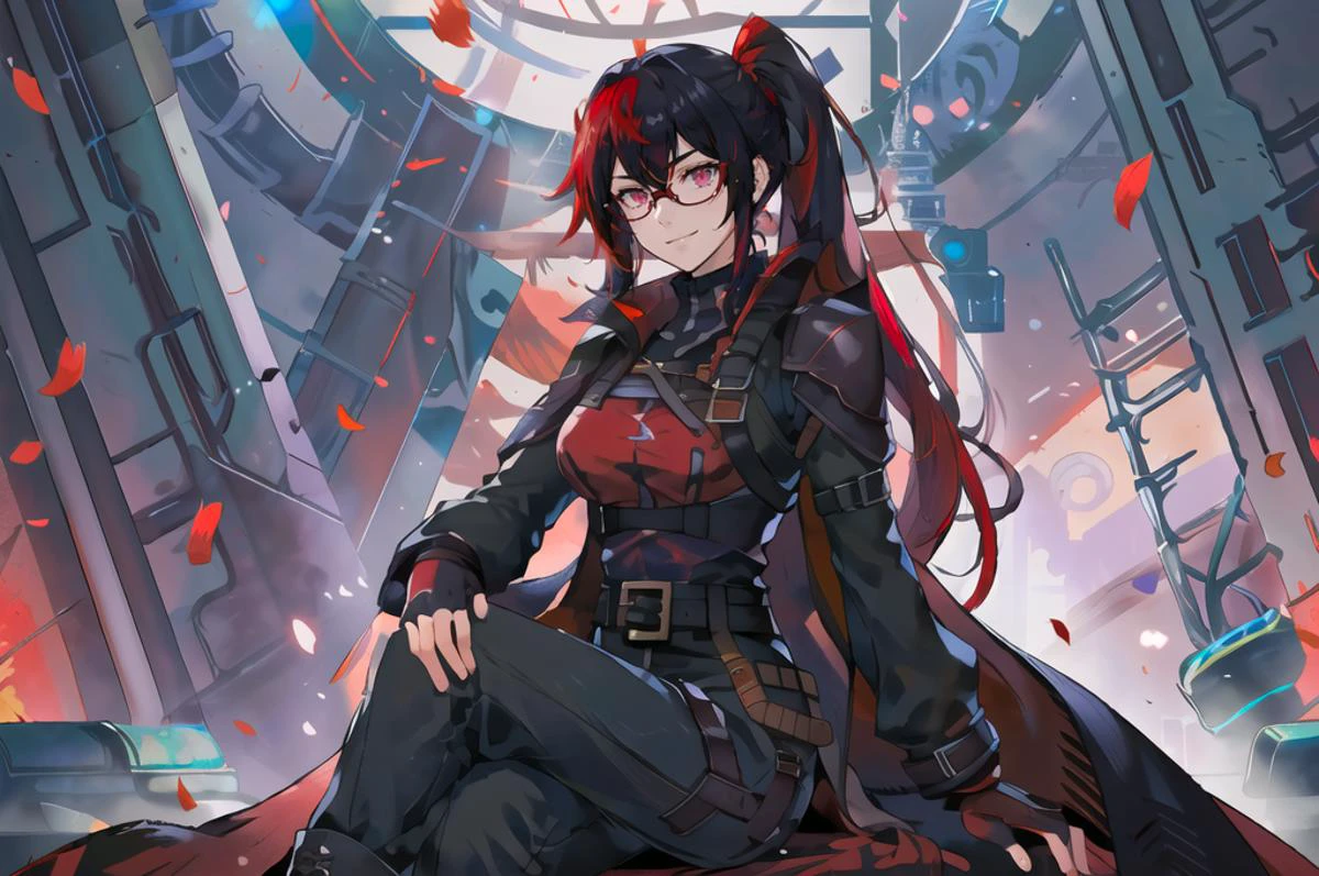 ultra detailed, masterpiece, best quality, <lora:SuperSmashBrosUltimate:0.75> SmashBros Ultimate Style,
solo, cowboy shot, crossed legs, sitting, throne, throne room, red banner, falling petals, italian mafia,
smug smile,
1girl, purple eyes, red-framed eyewear, (black hair, red colored tips:1.2), red streaked hair, very long hair, side ponytail, tied hair, medium breasts,
coat on shoulders, red dress, sleeves rolled up, fingerless gloves, holster, belt, multiple belts, combat boots, bulletproof vest, pants, black coat, tactical clothes,