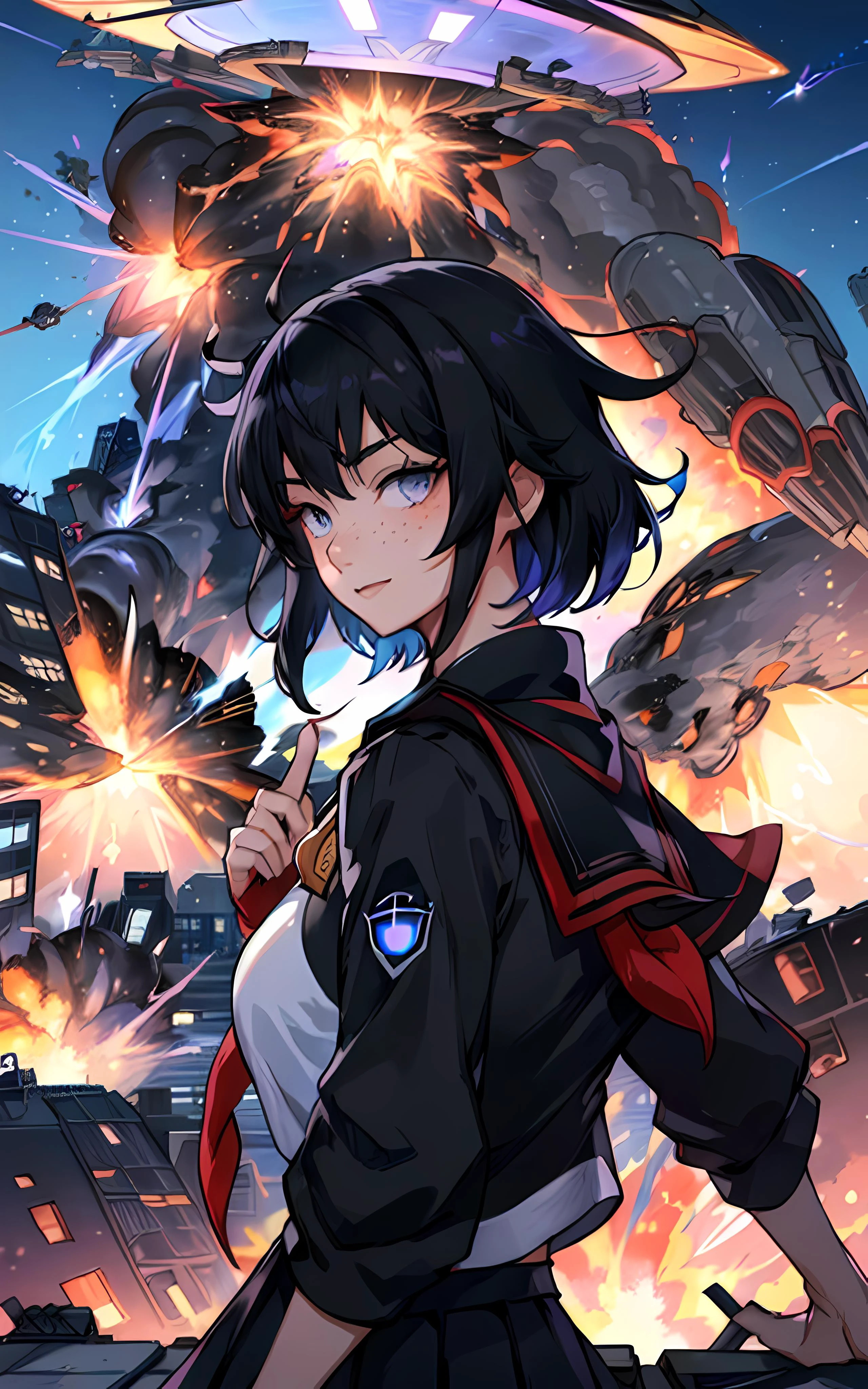 (top quality,8k wallpaper),(masterpiece,best quality:1.2),(high_resolution:1.2),(ultra details:1.2),extreme quality,sharp focus,(bright colors:1.3),
(((cute japanese school 2girls taking face selfie instagram photo,(seifuku:1.2)))),
expression of surprise face,smile,scream,(black hair:1.5),(bangs:1.5),black eyes,(shining eyes,highly detailed eyes),long eyelashes,thin eyebrows,
(((point finger to blue sky background),(mothership UFO to destroy explosion the city:1.36))),
standing on roof of the building,
(((instagram logo,instagram id))),SNS,from below, from behind,face zoom up, masterpiece, best anatomy, perfect anatomy, gossamer, 1girl, solo, dynamic pose, dynamic angle, short hair, blue eyes, large breasts, jewelry, jacket, upper body, purple hair, open clothes, necklace, grey eyes, freckles, kawaii
