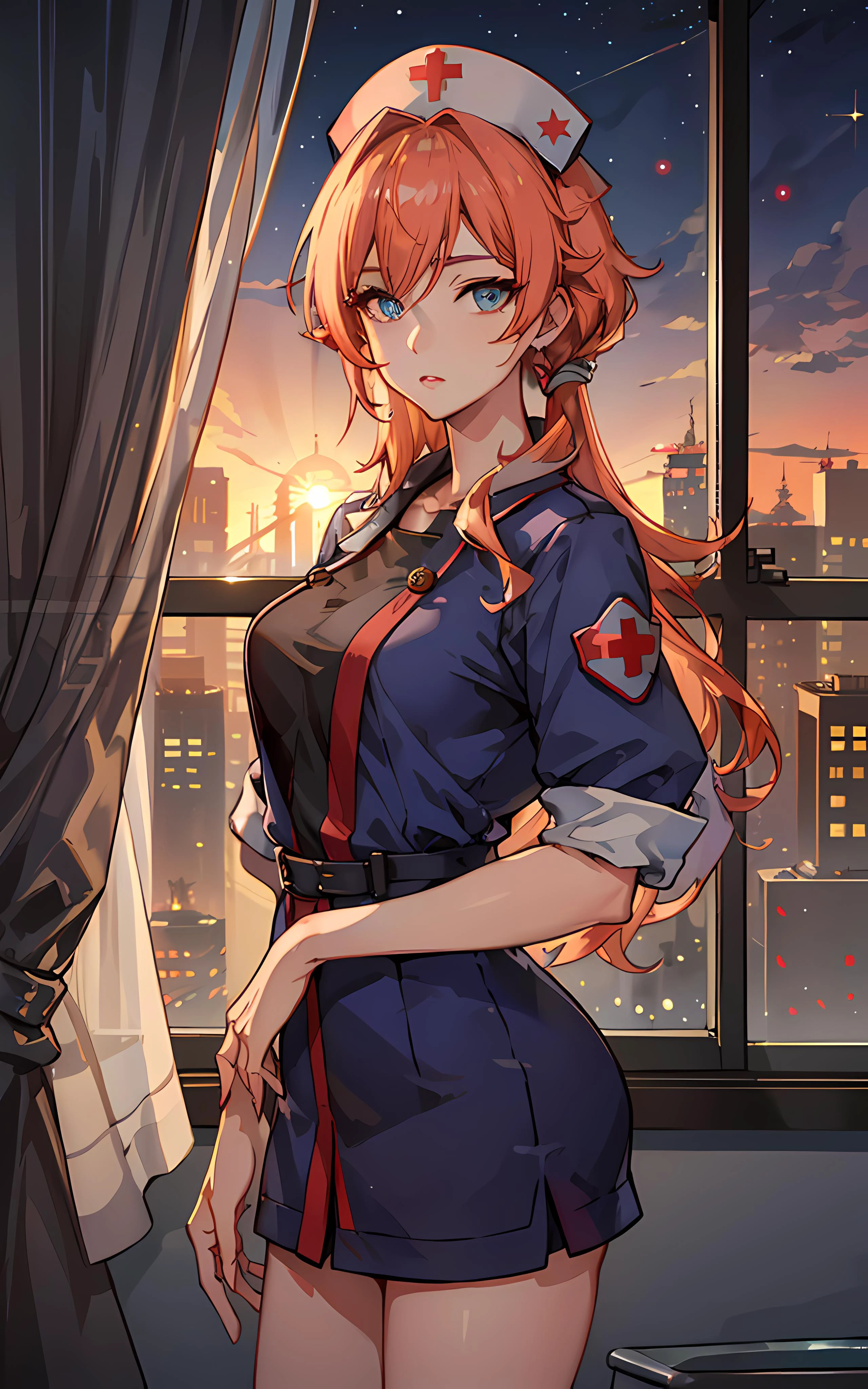 an extremely beautiful woman, wearing a nurse uniform, hospital room, window, city skyline, night time, open clothes, high detail, masterpiece, high quality, cowboy shot, <lora:Amazing-Lingerie-V1:0.8> <lora:Nurse:0.6> fcDetailPortrait