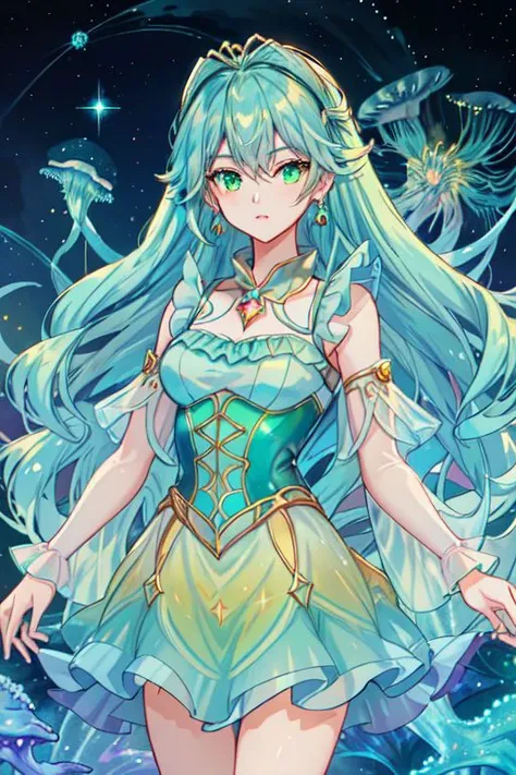 a girl with long blue hair and a green dress standing in the water