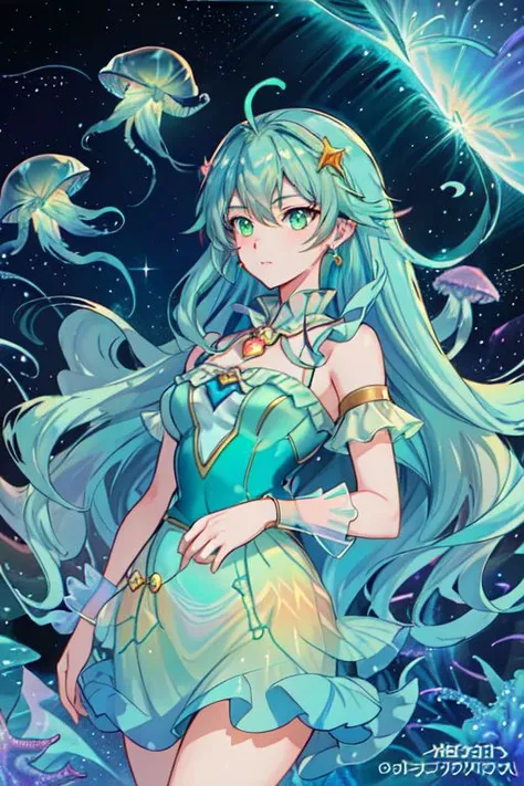 Earth-QualityPos, Best_QualityPos, CelShade,
professional (cowboy shot) of a cute young woman, (frilly elegant glossy holographic dress, crescent brooch, crescent earrings, crescent accessories),
(long aquatic hair, light blue hair with light green hairtips, gradient hair, multicolored hair), (green eyes, perfect face), (sparkles, sparkling clothes, sparkles near eyes, sparkling water),
(intricate aquatic background, underwater, sparkling water, ocean floor, bubbles), (corral reef, starfish, jellyfish, seaweed),