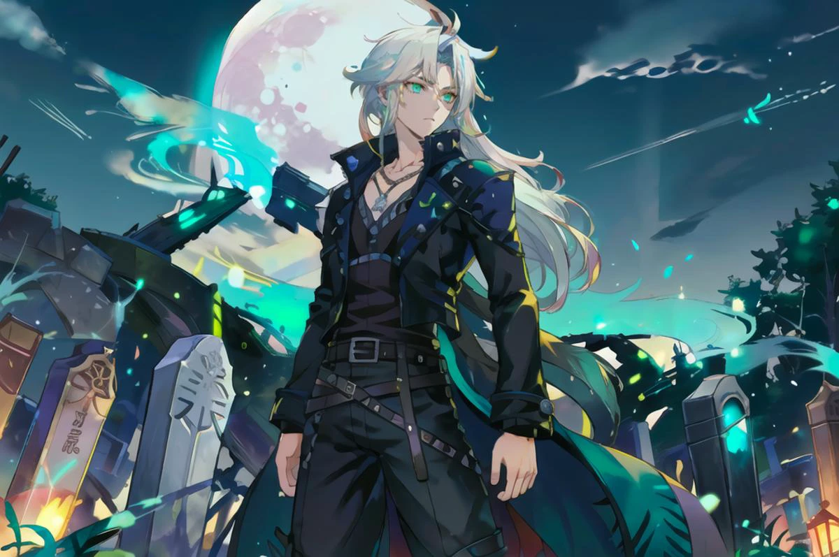 ultra detailed, masterpiece, best quality, <lora:SuperSmashBrosUltimate:0.75> SmashBros Ultimate Style,
solo, cowboy shot, black and green theme, fog, tombstone, graveyard, moon, night,
1boy, teal eyes, <lora:Tsurime3:1>, (tsurime:1.2), parted bangs, white hair, medium hair, straight hair, shoulder-length hair, male focus,
coat, shirt, pants, studded belt, multiple belts, combat boots, torn clothes, necklace,