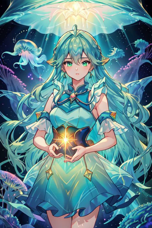 Earth-QualityPos, Best_QualityPos, CelShade,
professional (cowboy shot) of a cute young woman, (frilly elegant glossy holographic dress, crescent brooch, crescent earrings, crescent accessories),
(long aquatic hair, light blue hair with light green hairtips, gradient hair, multicolored hair), (green eyes, perfect face), (sparkles, sparkling clothes, sparkles near eyes, sparkling water),
(intricate aquatic background, underwater, sparkling water, ocean floor, bubbles), (corral reef, starfish, jellyfish, seaweed),