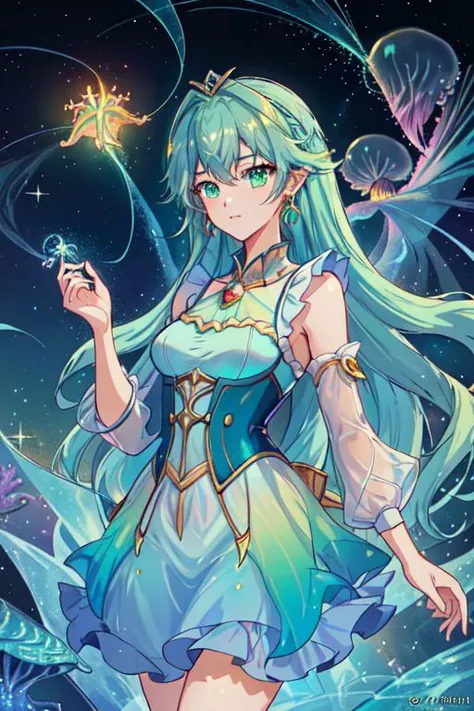 Earth-QualityPos, Best_QualityPos, CelShade,
professional (cowboy shot) of a cute young woman, (frilly elegant glossy holographic dress, crescent brooch, crescent earrings, crescent accessories),
(long aquatic hair, light blue hair with light green hairtips, gradient hair, multicolored hair), (green eyes, perfect face), (sparkles, sparkling clothes, sparkles near eyes, sparkling water),
(intricate aquatic background, underwater, sparkling water, ocean floor, bubbles), (corral reef, starfish, jellyfish, seaweed),