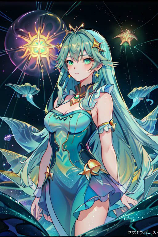 Earth-QualityPos, Best_QualityPos, CelShade,
professional image of a cute young woman, (frilly elegant glossy dark holographic dress, crescent brooch, crescent earrings, crescent accessories),
(long aquatic hair, light blue hair with light green hairtips, gradient hair, multicolored hair), (green eyes, perfect face), (sparkles, sparkling clothes, sparkles near eyes, sparkling water),
(intricate aquatic background, underwater, sparkling water, ocean floor, bubbles), (corral reef, starfish, jellyfish, seaweed),
(absurdres, incredibly absurdres, huge filesize, High quality texture, physically-based rendering, Ray tracing, octane render, sharp focus, (8k), (4k), (Masterpiece), (Best Quality), extremely detailed, intricate, hyper detailed, high resolution, sharp detail)