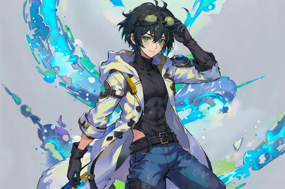 ultra detailed, masterpiece, best quality, <lora:SuperSmashBrosUltimate:0.75> SmashBros Ultimate Style,
solo, cowboy shot, straight-on, blue theme, marble \(stone\),
smile,
1boy, green eyes, short hair, black hair, bangs, hair between eyes, messy hair,
(goggles on head:1.35), headband, white coat, hooded coat, hood down, open coat, turtleneck, capri pants, pants, black knee boots,