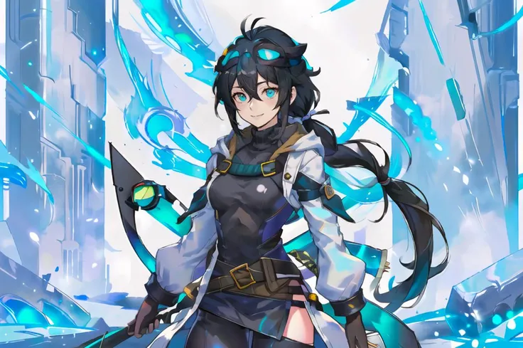 ultra detailed, masterpiece, best quality, <lora:SuperSmashBrosUltimate:0.75> SmashBros Ultimate Style,
solo, cowboy shot, marble \(stone\), white walls, column lineup, column, broken pillar,
smile,
1girl, (teal eyes:1.1), (aqua eyes:0.45), (black hair:1.2), <lora:low_ponytail-1.0:0.95> low ponytail, ahoge, low ponytail, (absurdly long hair:1.2), very long hair, (hair flaps:1.2), flipped hair, hair between eyes, bangs, messy hair, small breasts,
(goggles on head:1.35), hooded coat, open coat, turtleneck, capri pants, black knee boots, multiple belts, multiple straps, white long jacket, white coat, (half-skirt:0.65), layered clothes, hair ribbon,