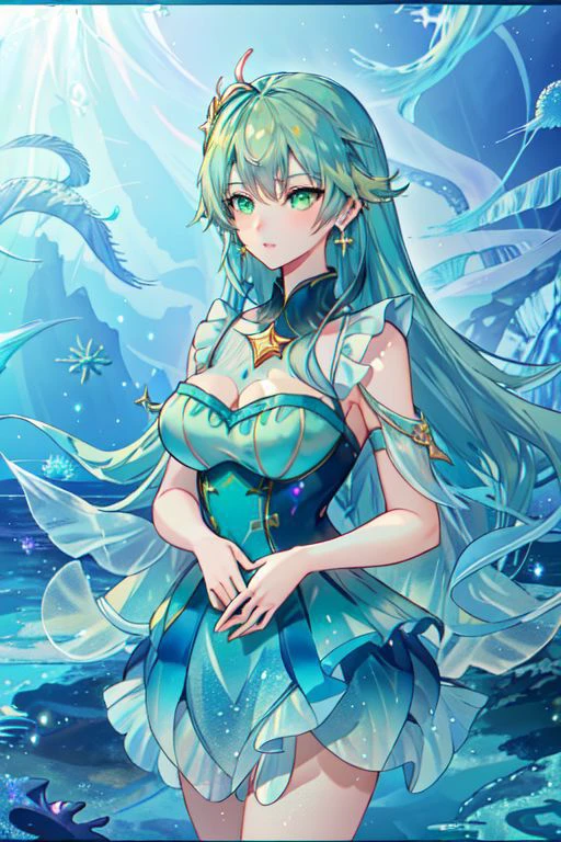 professional image of a cute young woman, (frilly elegant glossy dark holographic dress, crescent brooch, crescent earrings, crescent accessories),
(long aquatic hair, light blue hair with light green hairtips, gradient hair, multicolored hair), (green eyes, perfect face), (sparkles, sparkling clothes, sparkles near eyes, sparkling water),
(intricate aquatic background, underwater, sparkling water, ocean floor, bubbles), (corral reef, starfish, jellyfish, seaweed),
(absurdres, incredibly absurdres, huge filesize, High quality texture, physically-based rendering, Ray tracing, octane render, sharp focus, (8k), (4k), (Masterpiece), (Best Quality), extremely detailed, intricate, hyper detailed, high resolution, sharp detail)