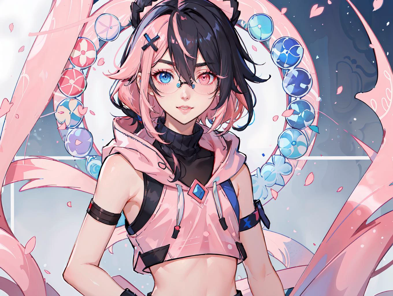 ultra detailed, masterpiece, best quality, colorful, cute, falling petals, portrait, (face focus:1.3),
(solo:1.35), light smile, facing viewer, parted lips,
1other, androgynous, 1boy, (otoko no ko:1.35), petite, (flat chest:1.2),
(heterochromia:1.2), (multicolored eyes:1.1), detailed eyes, (blue eyes, pink eyes:1.3), mole under eye, eyelashes, (pink colored eyelashes:1.3), glasses, pink eyeliner, beautyfull eyes,
medium hair, multicolored hair, (pink hair:1), (black hair:1.25), long sidelocks, bangs, hair flaps, side braid, hair between eyes, flipped hair, hair over eyes, eyes visible through hair, x hair ornament,
blue and pink clothes, layered clothes, frills, sleeveless turtleneck, sleeveless turtleneck crop top, armband, armlet, bracelet, hood down, arm pouch,