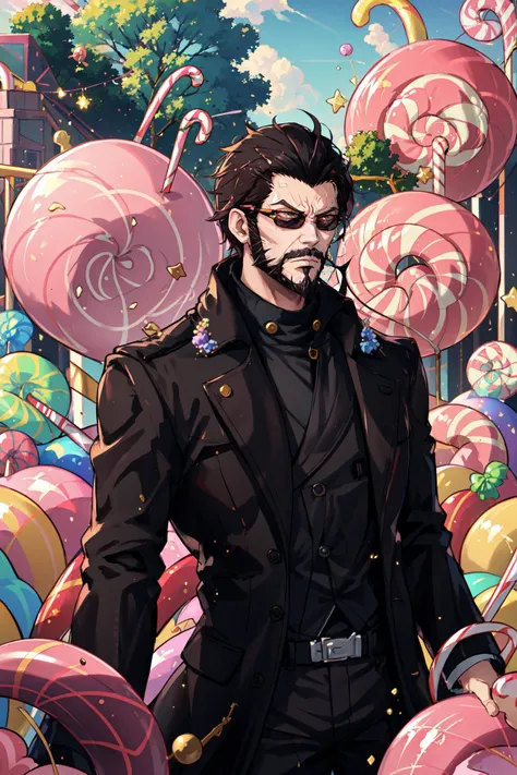 anime character in a suit standing in a candy land