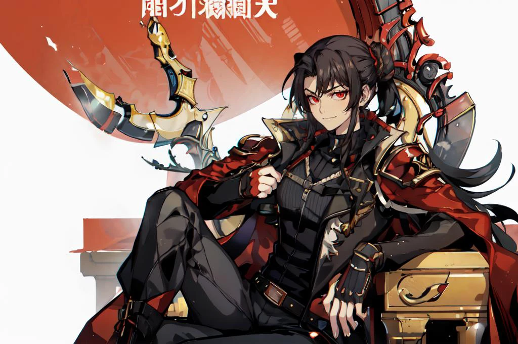 ultra detailed, masterpiece, best quality, solo, <lora:fishine:1>,
smug smile, throne, throne room, red banner, sitting, arm rest, head tilt, head on hand, head on hand, leaning to the side, looking down,
1boy, red eyes, <lora:Tsurime3:1>, (tsurime:1.2), black hair, undercut, top knot, parted bangs, bangs, long bangs, short hair, hair intakes, tall,
, (coat on shoulders:1.3), dress shirt, sleeves rolled up, fingerless gloves, holster, pants, belt, multiple belts, combat boots, bulletproof vest,