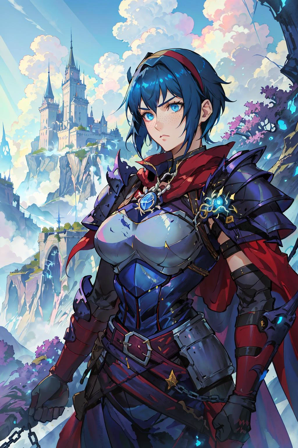 ((medieval fantasy)), castle wall top background, merlons, blue sky, clouds, forest, mountains in the distance, (adult), female knight standing on a castle wall, (dark blue hair), short hair, (messy cut), ((beautiful face)), blue eyes, strong, freckles, lot of details, perfect hands, detailed, refined, best quality, (intense shadows), (intense lighting),extreme detailed background, high detailed clothing, (detailed:1.1), ((anime style)), ((masterpiece)), ((knight armor)), cuirass, gauntlets, pauldrons, belt, armor leggings, chainmail, hairband, cloak, ((upper body shot)), <lora:tenchizone2:0.5>, <lora:GothicPunkAI:0.5>