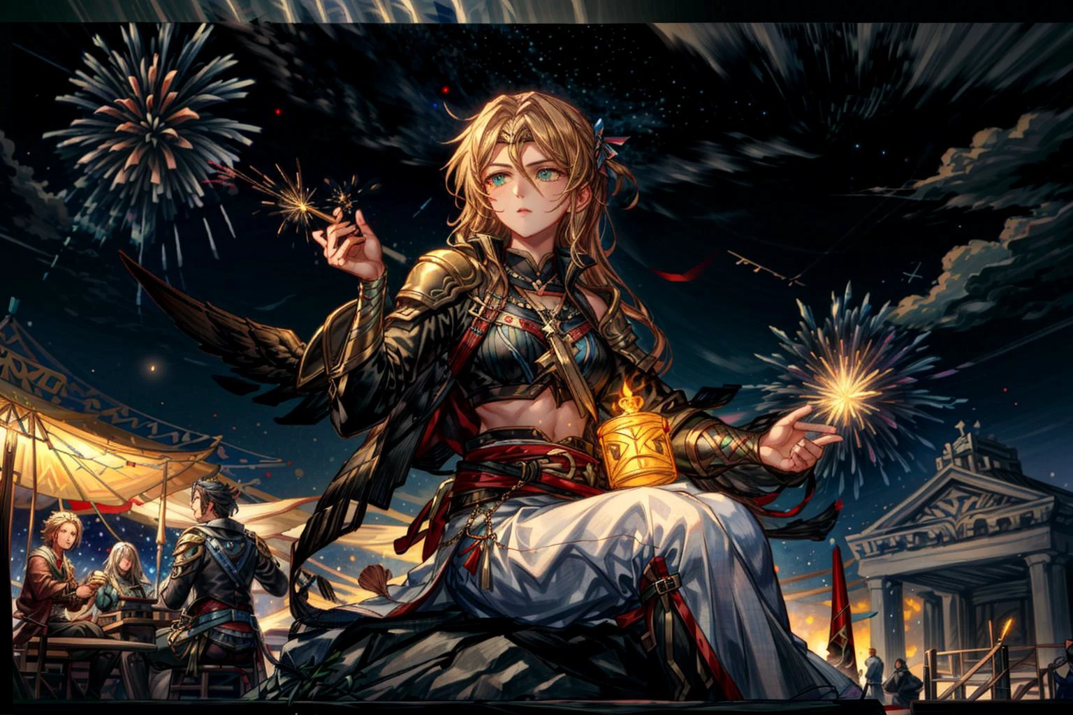 Greek festival, gods sitting at a table, party, angels in the sky, surrounded by crowds of people, ancient festival, cosmic sky, Olympus, Valhalla, asgard, fireworks, torches, nighttime, highres, high resolution:1.2, (masterpiece, best quality:1.2), wallpaper, <lora:GoodHands-vanilla:1> <lora:goya2023:1> goya2023 <lora:more_details:1>