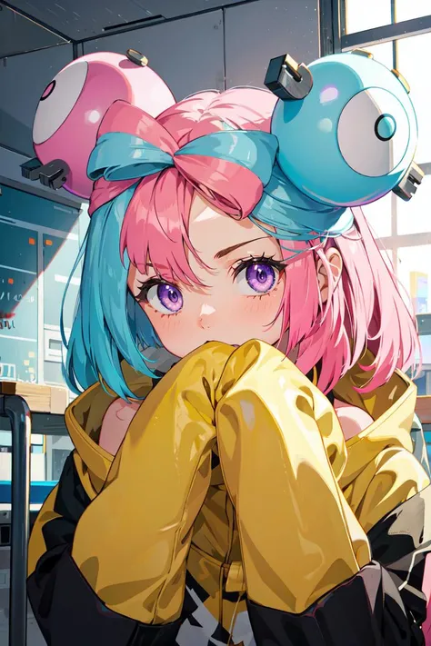 iono , short hair ,( shy:1.2) , flustered , cafe background, chair and table, indoors, wood, glass, street, road, <lora:iono_v1:1>