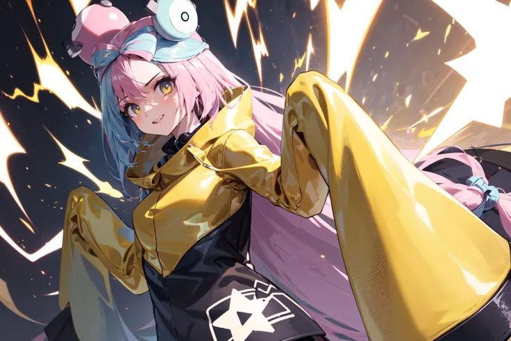 <lora:iono_v1:0.85> iono1, long hair, yellow jacket, long sleeves, hair ornament, pointing, masterpiece, best quality, highres, <lora:GoodHands-vanilla:1> nice hands, perfect hands