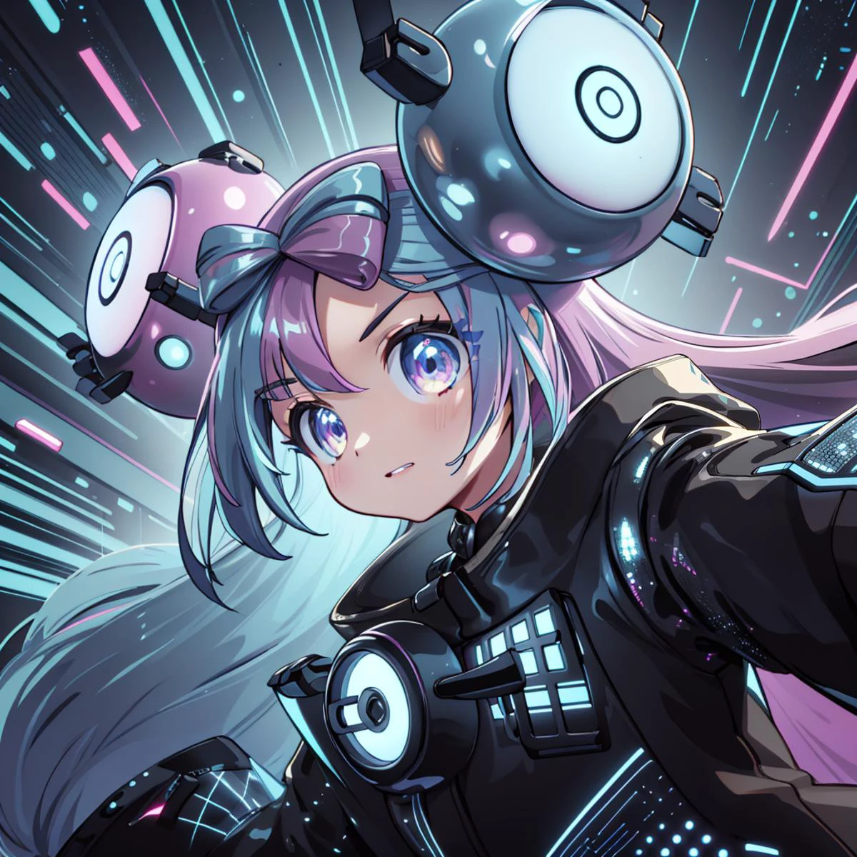 <lora:DiscoTech:0.8> DiscoTech , uv blacklights,sequined,scifi,
<lora:iono_v1:0.8> iono1, long hair, jacket, long sleeves, hair ornament