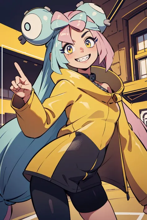((masterpiece,best quality)), absurdres, long hair,  <lora:iono_v1-000006:0.8>, iono1, yellow jacket, oversized clothes, street, cowboy shot, smile, solo, smiling, looking at viewer, cowboy shot,  cinematic composition, dynamic pose, contrapposto,