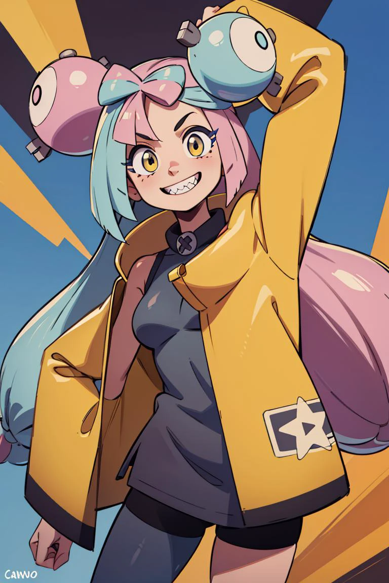 ((masterpiece,best quality)), absurdres, long hair, <lora:iono_v1-000006:0.8>, iono1, yellow jacket, oversized clothes, street, cowboy shot, smile, solo, smiling, looking at viewer, cowboy shot, cinematic composition, dynamic pose, contrapposto,