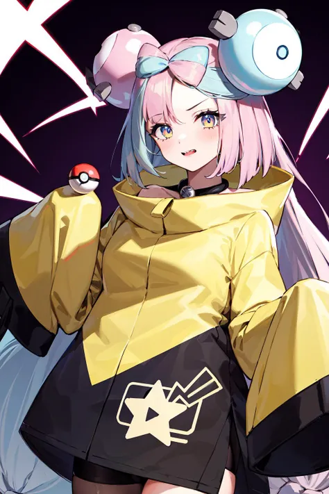 masterpiece, best quality, highres, iono1, 1girl, long hair, <lora:iono_v1-000006:0.9>, hair ornament, long sleeves, cowboy shot, (holding poke_ball), poke ball \(basic\),