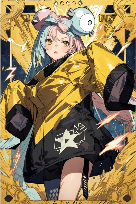 (((iono1, long hair, yellow jacket, long sleeves, hair ornament))),The image is a masterpiece of the highest quality, rendered in high resolution. It features a single girl with long hair, wearing a yellow jacket and long sleeves. She is pointing directly at the viewer, exuding a sense of confidence and engagement.creating a dynamic and engaging composition.
The artwork is skillfully crafted in a blend of Lora styles, incorporating elements of both Iono and anime-tarot-card art. The image captures the girl's energetic and electrifying presence, with the addition of lightning elements. The thunderous bolts of lightning add a sense of drama and intensity to the overall design.
 <lora:iono_v1:0.9> <lora:add_detail:0.6> 
 <lora:anime-tarot-card-art-style-lora-v3.1:0.7>