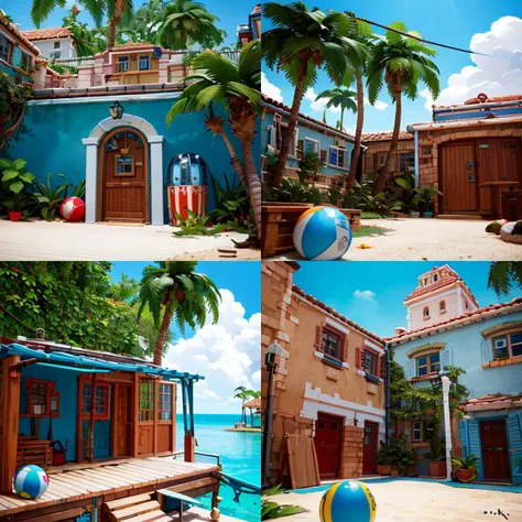 ((masterpiece,best quality)), absurdres,
<lora:Delfino_Plaza:0.8>, Delfino_Plaza, small house, detailed wooden door, beach ball, palm tree, ocean in background,