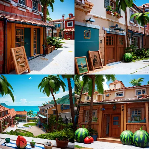 ((masterpiece,best quality)), absurdres,
<lora:Delfino_Plaza:0.8>, Delfino_Plaza, small house, detailed wooden door, big watermelon, palm tree, ocean in background,