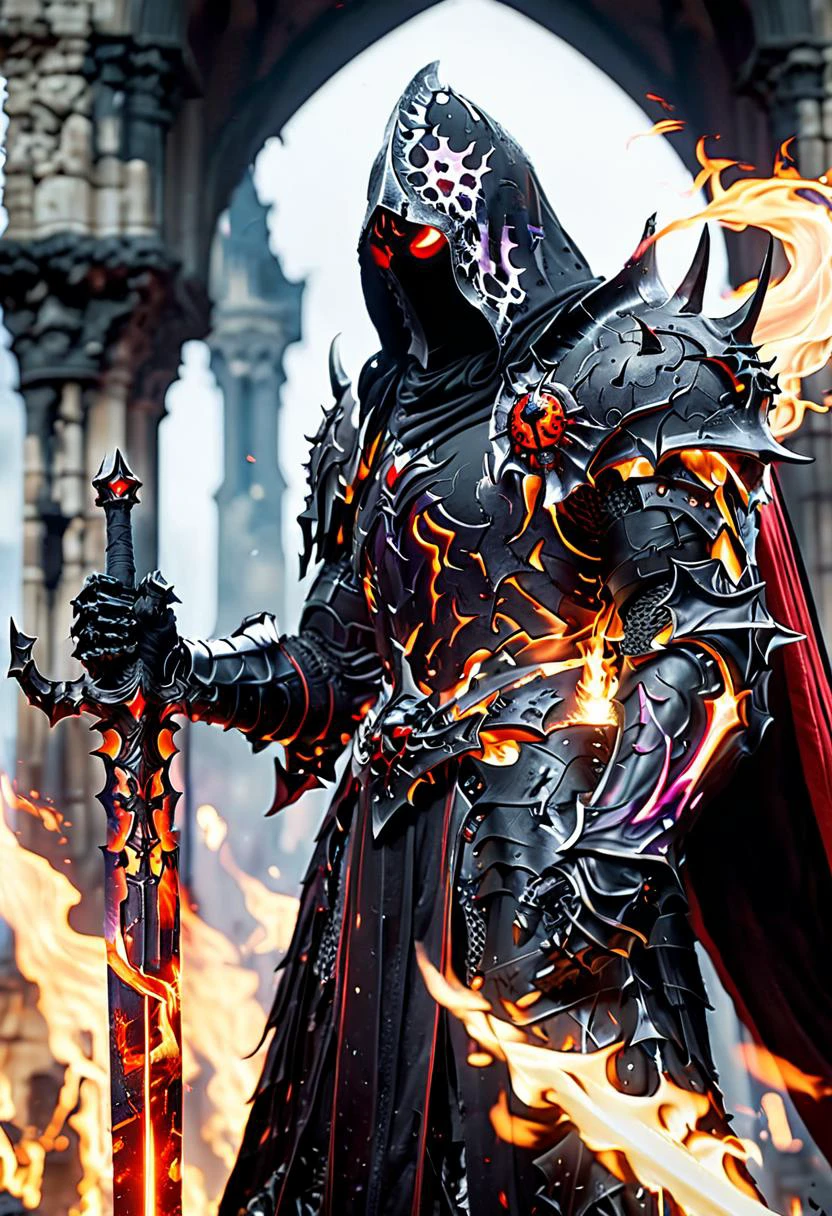 cinematic, HKStyle, Soul Knight, black lava necromantic armor with red elements,holding transparent red burning and glowing sword by side,sword is grounded ,black hood and cape, armor infused with a robe, glowing purple cross eyes,smoke, nature inspired, bones as an accessory, night at the ruined city, linquivera background filled with chaotic patterns, disturbing, depressing, masterpiece, HD, <lora:HKStyle_V3:1>, <lora:ral-lava-sdxl-v2:0.6>