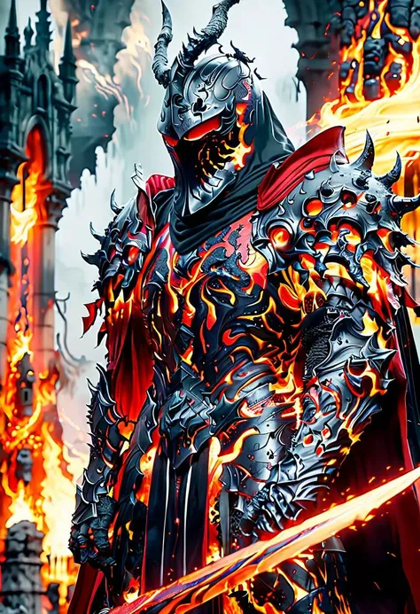 cinematic, HKStyle, Soul Knight, black lava necromantic armor with red elements ,black hood and cape, armor infused with a robe, glowing eyes,smoke, nature inspired, bones as an accessory, night at the ruined city, linquivera background filled with chaotic patterns, disturbing, depressing, masterpiece, HD, <lora:HKStyle_V3:1>, <lora:ral-lava-sdxl-v2:1>, <lora:extremely_detailed:1>