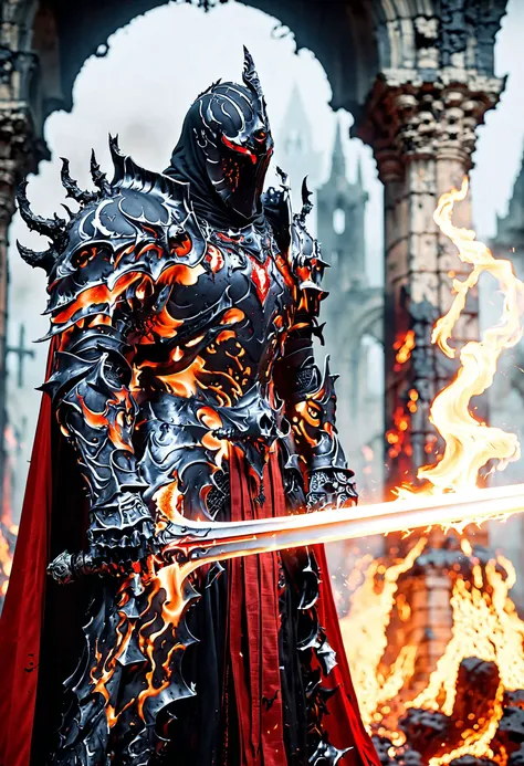 cinematic, HKStyle, Soul Knight, black lava necromantic armor with red elements ,black hood and cape, armor infused with a robe, glowing eyes,smoke, nature inspired, bones as an accessory, night at the ruined city, linquivera background filled with chaotic patterns, disturbing, depressing, masterpiece, HD, <lora:HKStyle_V3:1>, <lora:ral-lava-sdxl-v2:0.7>, <lora:extremely_detailed:1>