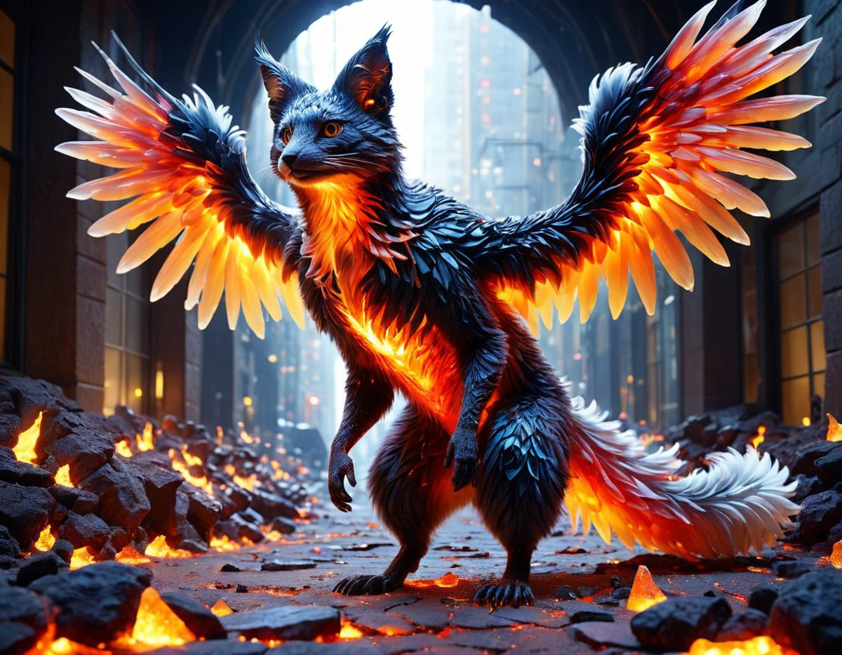 full body photo, gigantic exotic organic urban geometric entity, bipedal single-armed, furry appendages, bifurcated-tailed, tufted-tailed, shaggy fur, floppy ears, feathered wings, , <lora:Made_of_pieces_broken_glass-000001:1.0> Made_of_pieces_broken_glass <lora:ral-lava-sdxl:0.5> ral-lava, alpine
absurdres, masterpiece, award-winning photography, Volumetric lighting, extremely detailed, highest quality photo, RAW photo, 16k resolution, Fujifilm XT3, sharp focus, realistic texture