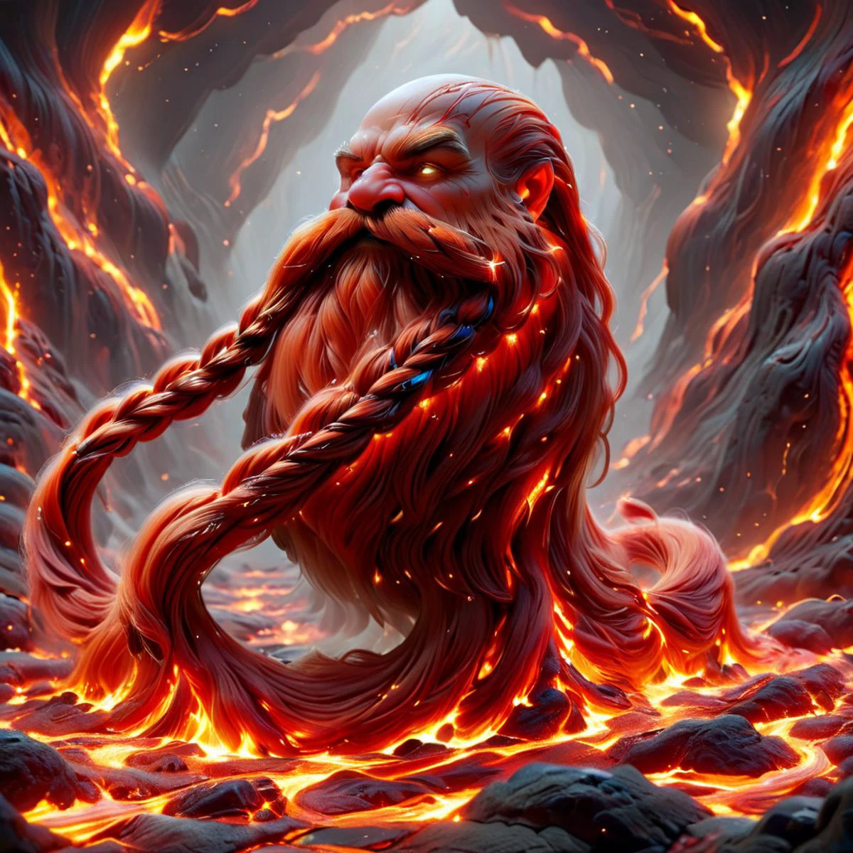 ,ultra detailed, masterpiece, Harry_Dwarf, dwarf-like, flowing long red beard, twirly moustache,, braided moustache, bald, bangles, <lora:Harry_Dwarf_1.5:1>, back lighting, beautiful lighting, molten volcanic background, <lora:ral-lava:1> ral-lava