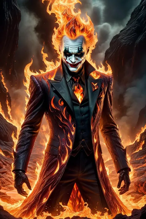 Horror-themed (Masterpiece, high quality, best quality, official art, beauty and aesthetics:1.2),close-up,portrait-painting,(joker \(dc\):1.2),(a humanoid figure covered by flame crystals:1.5),(a body composed of crystals:1.2),
(fire element:1.1),composed of fire elements,burning,transparency,fire,(molten rock),flame skin,flame print,smoke,cloud,(radiant:1.1),(flames soaring:1.2),(reigniting the divine fire:1.2),ukl,<lora:ç«å
ç´ xl-shanbailing-1003fire:0.7>,(crystallize:1.3),author: anato finnstark,(black magic),(severe),(complex details),(super detailed),sharp focus,intricacy,surrealism,surrealistic,masterpiece,sharp details,intricacy,highly detailed,colorful,8K,. octane render,highly detailed,volumetric,dramatic lighting,. octane render,highly detailed,volumetric,dramatic lighting,<lora:ç岩ral-lava-sdxl:0.3>,lava terrain,ral-lava,see-through,dynamic posture, . Eerie, unsettling, dark, spooky, suspenseful, grim, highly detailed