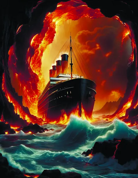 the titanic sinking in lava in a giant dark cave sinking into the magma,giant waves,dark,blue sky,mullins,octane rendering,wide angle lens,in the style of hayao miyazaki ral-lava <lora:ral-lava-sdxl:0.8>,by diegocr,DonMn1ghtm4reXL <lora:DonMn1ghtm4reXL:0.7>