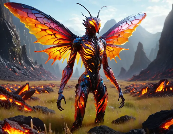 full body photo, massive winged symbiotic subdued insectoid individual, bipedal quadrumanual, hoofed, trifurcated-tailed, prehensile-tailed, metallic skin, rounded ears, fairy wings, <lora:Made_of_pieces_broken_glass-000001:1.1> Made_of_pieces_broken_glass, <lora:ral-lava-sdxl:0.5> ral-lava, grassland
absurdres, masterpiece, award-winning photography, Volumetric lighting, extremely detailed, highest quality photo, RAW photo, 16k resolution, Fujifilm XT3, sharp focus, realistic texture
