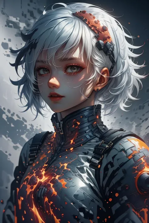 (Fixed Professional 3D rendering:1.3) of (Cel shading:1.3) a photo of a woman, (white hair:1.2), <lora:ral-lava-sd15:0.9> ral-lava, lava,CGSociety,ArtStation,(close portrait:1.3),thematic background, <lora:LCM_LoRA_Weights_SD15:1>, shiny, shiny hair, shiny skin, shiny clothes