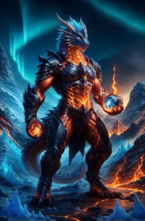 (male dragon made by flames,) (he's Holding a sphere in hand), flames body, sparklings, volcano, magma scales, (lava armor, armor made of lava, legendary landscape, shooting flames from hands,) ((ice mountains landscape)), (northern Lights sky night), (full body, ultra detailed body, ultra details, HDR Photography, photorealistic textures, sharp focus, 12K resolution, top quality textures, professional lights, HDR, sharp focus, absurd resolution, high_dpi), <lora:ral-lava:0.55> <lora:RealmsOfIce:0.45> <lora:Space:1>