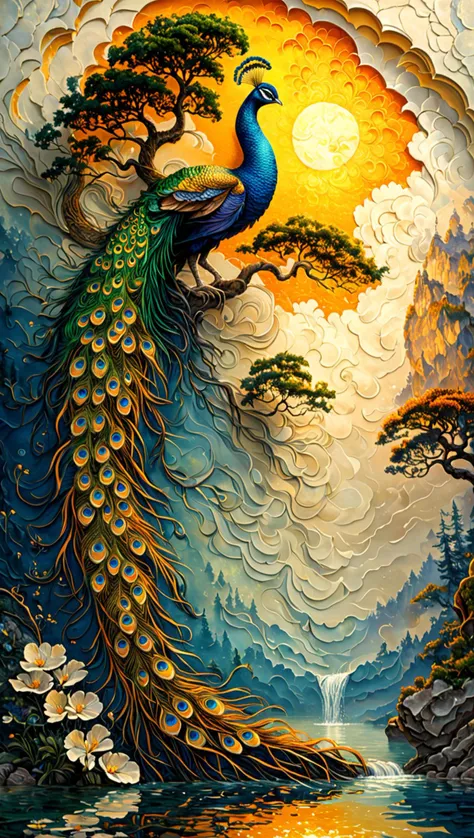 romantic art, low angle, This fantastical painting depicts a single peacock drinking water from a tranquil lake at sunset with clouds casting shadows across the sky. The setting sun bathes the scene in a warm golden light creating an ethereal atmosphere. The peacock's feathers are painted with incredible detail each individual scale visible under the artist's skilled hand. The clouds in the background are depicted in a gradient of colors from soft yellow and oranges to deep blues and gold adding to the dreamlike quality of the scene. The overall style is reminiscent of fantasy art with a focus on intricate details and a sense of wonder. The image is a true masterpiece showcasing the artist's exceptional skill in capturing the beauty and majesty of nature in a surreal and imaginative way. pastel colors, 
<lora:Paul_Signac_Neo-Impressionist_dotted_paintings_Pointillism:1> ah_signac  <lora:TQ_-__Kids_Storybook_Illustrations_XL-000006:0.2>   <lora:ral-lava-sdxl-v2:0> ral-lava <lora:artfullyTREETTREET_SDXL_V1:1.2> Arttrttrt