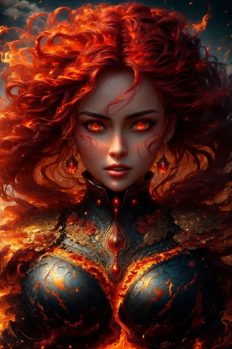 A sublime woman, cute face, emerges from a raging fire, cute face, red flaming eyes, her breathing ignites fire, long red floating hair. Her figure, enveloped in the fiery glow, flames swirl around her, creating a surreal backdrop as she emerges unscathed, serene expression. (Ethereal emergence, fiery glow, surreal backdrop, serene amidst chaos). BREAK, masterpiece, HDR, UHD, 8k, highly detailed,  award winning, intricate details, fantasy, dream,   <lora:r1ge - AnimeRage:0.5> rage, <lora:WizardCoreAISD15:0.2>,  <lora:Util_breastsizeslideroffset:-0.4>,  <lora:ral-lava:0.5> ral-lava