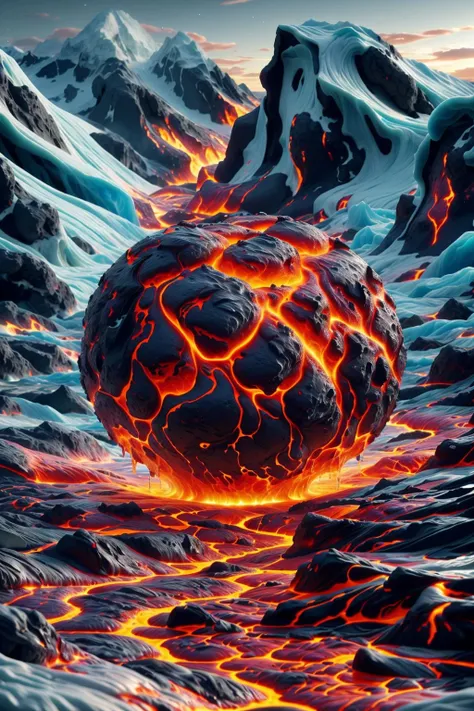 extreme closeup of a small blob of lava splashing onto the surface of a glacier at night, detailed sparks, detailed reflections on ice, ral-lava <lora:ral-lava-sd15:1>