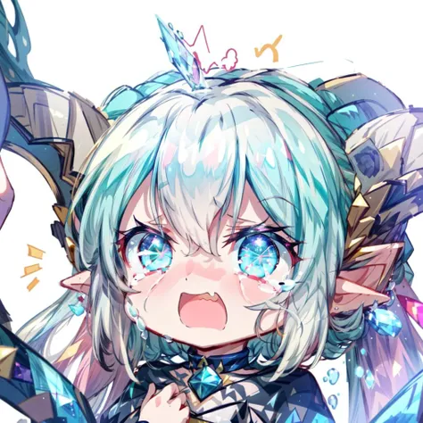 masterpiece,best quality,chibi,cute,emoji,icon,1girl,tiamat \(fate\),FirLarva,symbol-shaped eyes,horns,curled horns,pointy ears,(tears, crying expression, cry),simple background,<lora:FGOTiamatv2:0.8>,<lora:Chibiv2:0.7>,