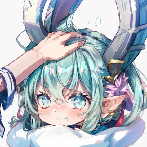 masterpiece,best quality,chibi,cute,emoji,icon,1girl,tiamat \(fate\),FirLarva,symbol-shaped eyes,horns,curled horns,pointy ears,(headpat, head pat),simple background,<lora:FGOTiamatv2:0.8>,<lora:Chibiv2:0.7>,