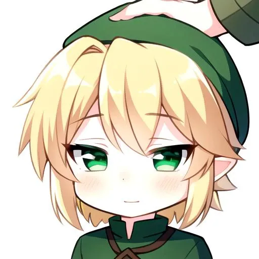 the face of a cute boy in a green tunic getting a head pat, headpat, blond hair, blue eyes, <lora:Chibiv2:.65>, chibi, emoji, icon, white background,, (masterpiece), (incredible detail), 4k, (1boy), best quality, incredible detail, 4k, masterpiece, hat, Link, the legend of zelda, <lora:link_v1:.5>